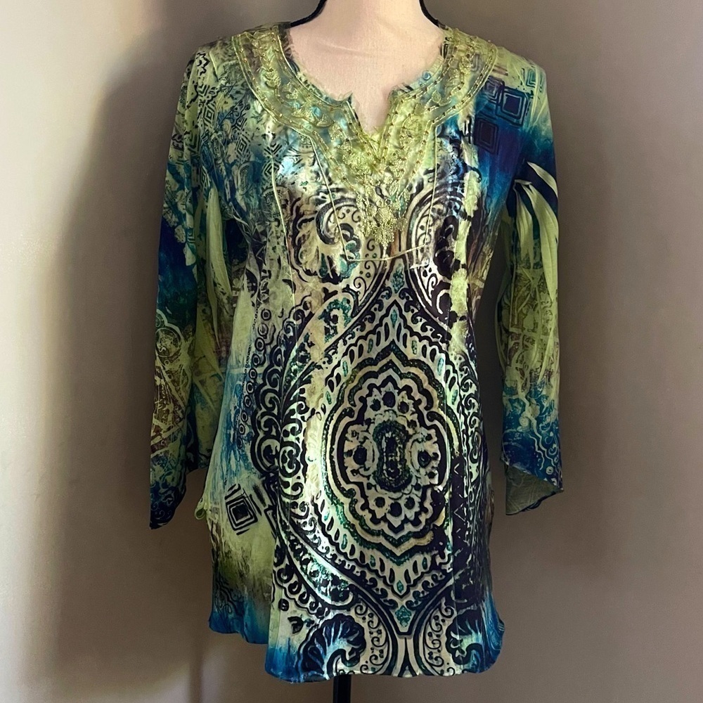 Bleu | Green and Blue Long Sleeve Tunic | Large